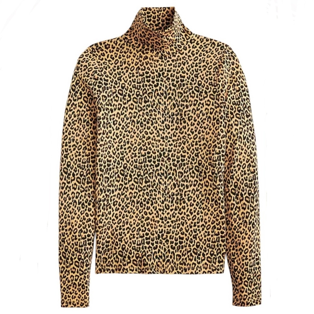 J. Crew Leopard Print Tissue Crepe Cotton Turtleneck XS Fall Layering Essential